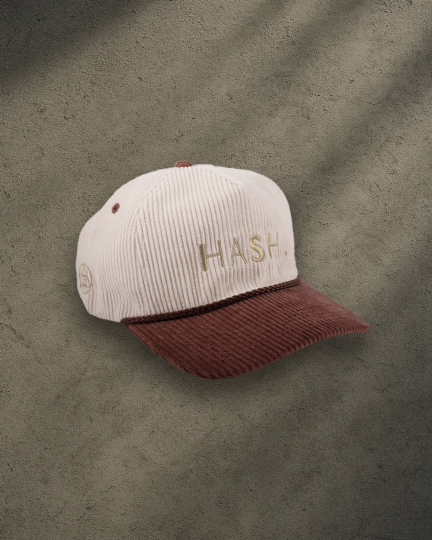 ONYX Beige & Brown Corduroy Snapback Hat with Gold “HASH.” Embroidery