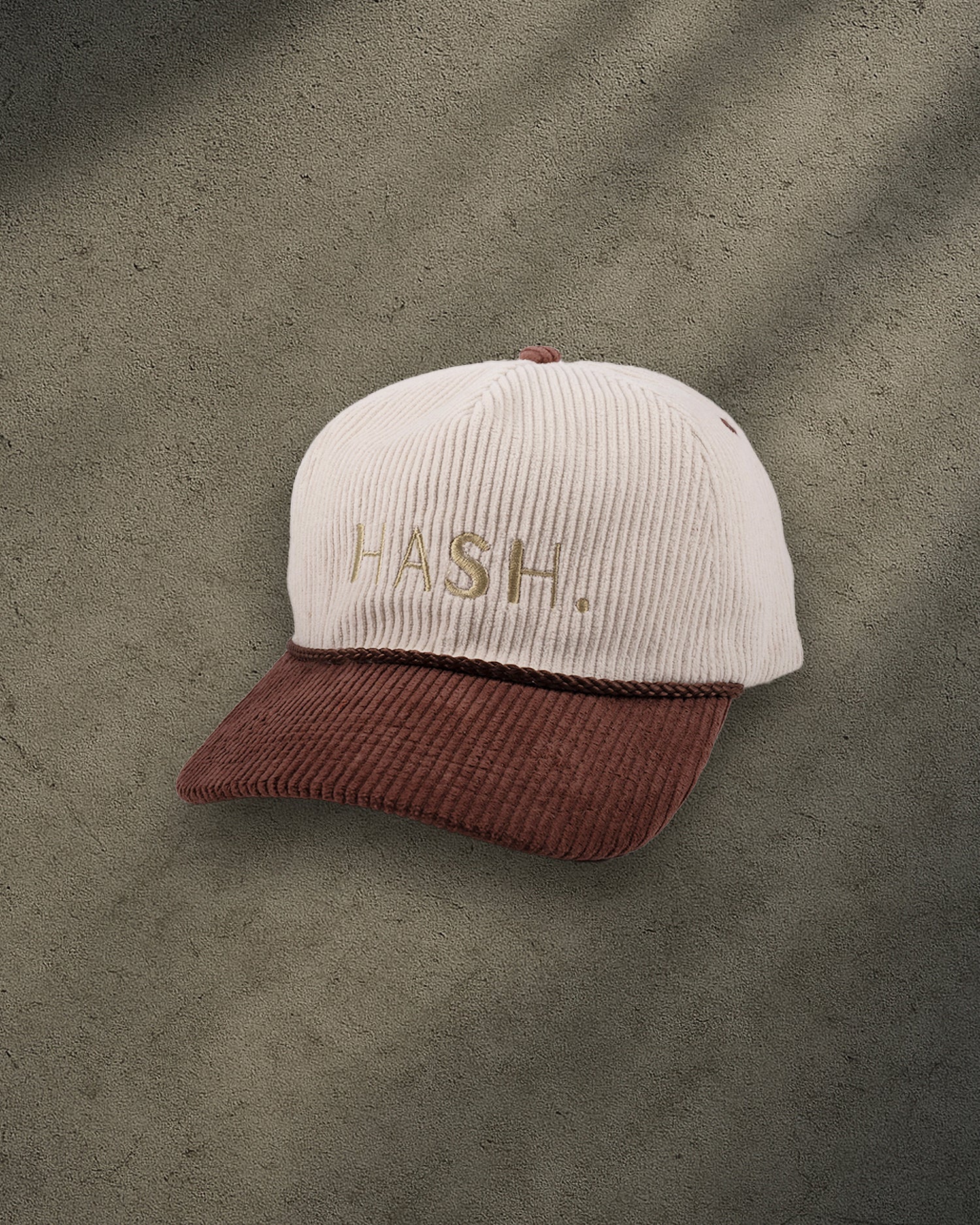 ONYX Beige & Brown Corduroy Snapback Hat with Gold “HASH.” Embroidery