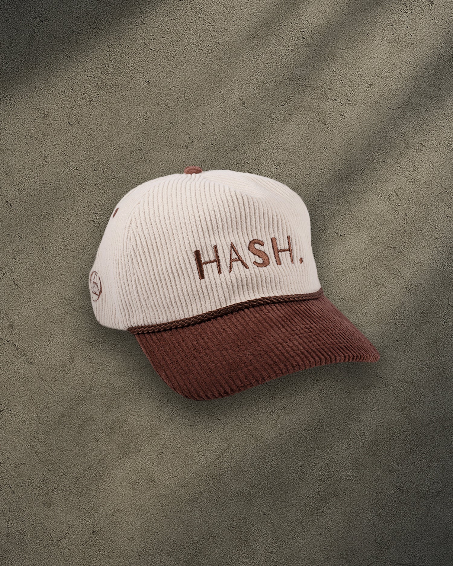 ONYX Beige & Brown Corduroy Snapback Hat with Brown “HASH.” Embroidery