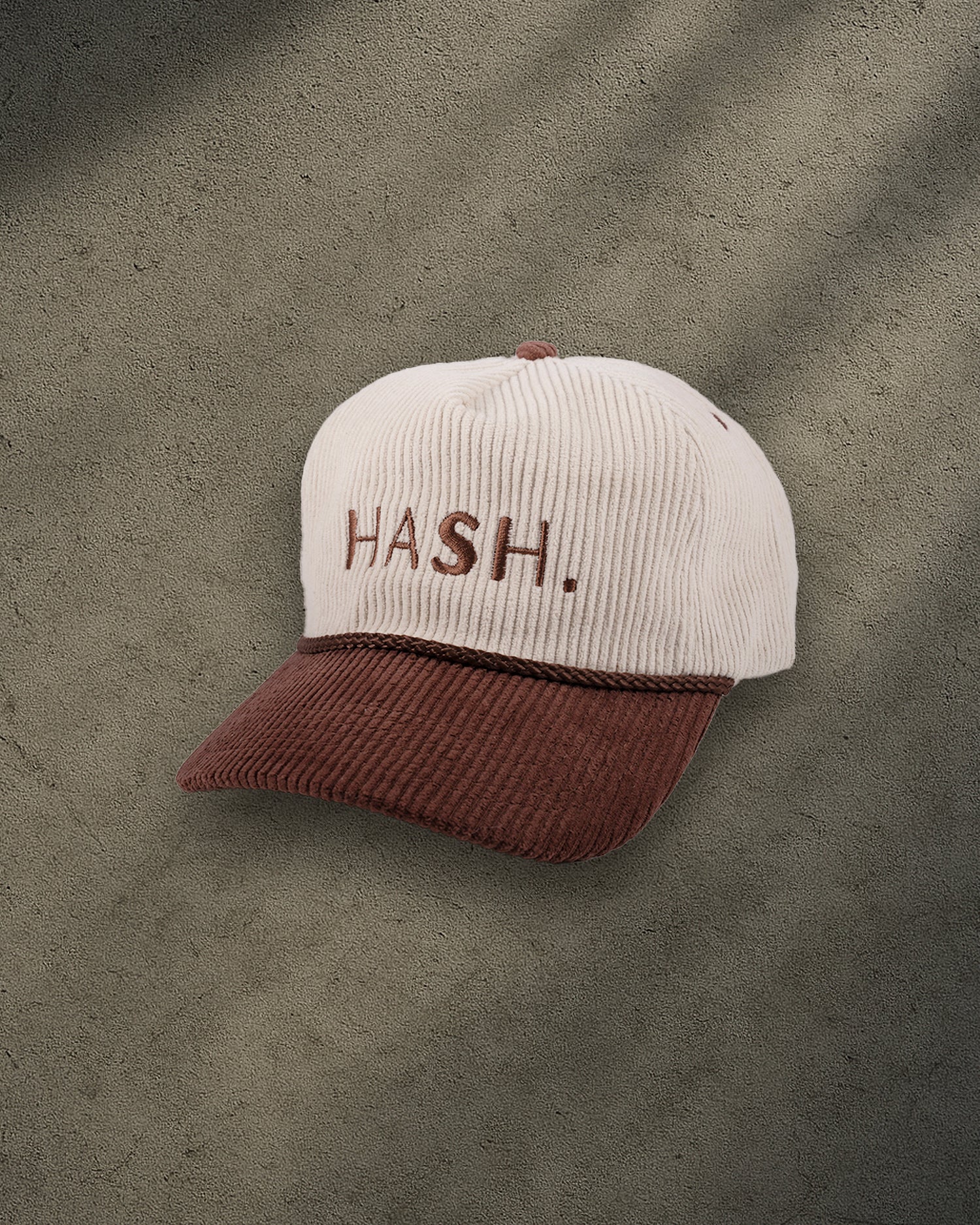 ONYX Beige & Brown Corduroy Snapback Hat with Brown “HASH.” Embroidery