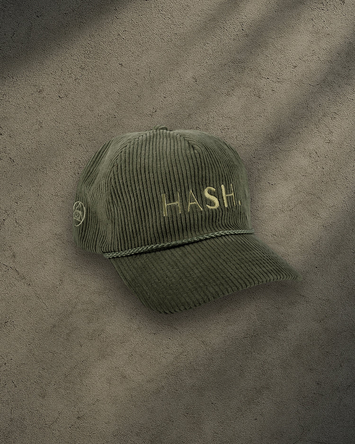 ONYX Olive Corduroy Snapback Hat with Gold “HASH.” Embroidery