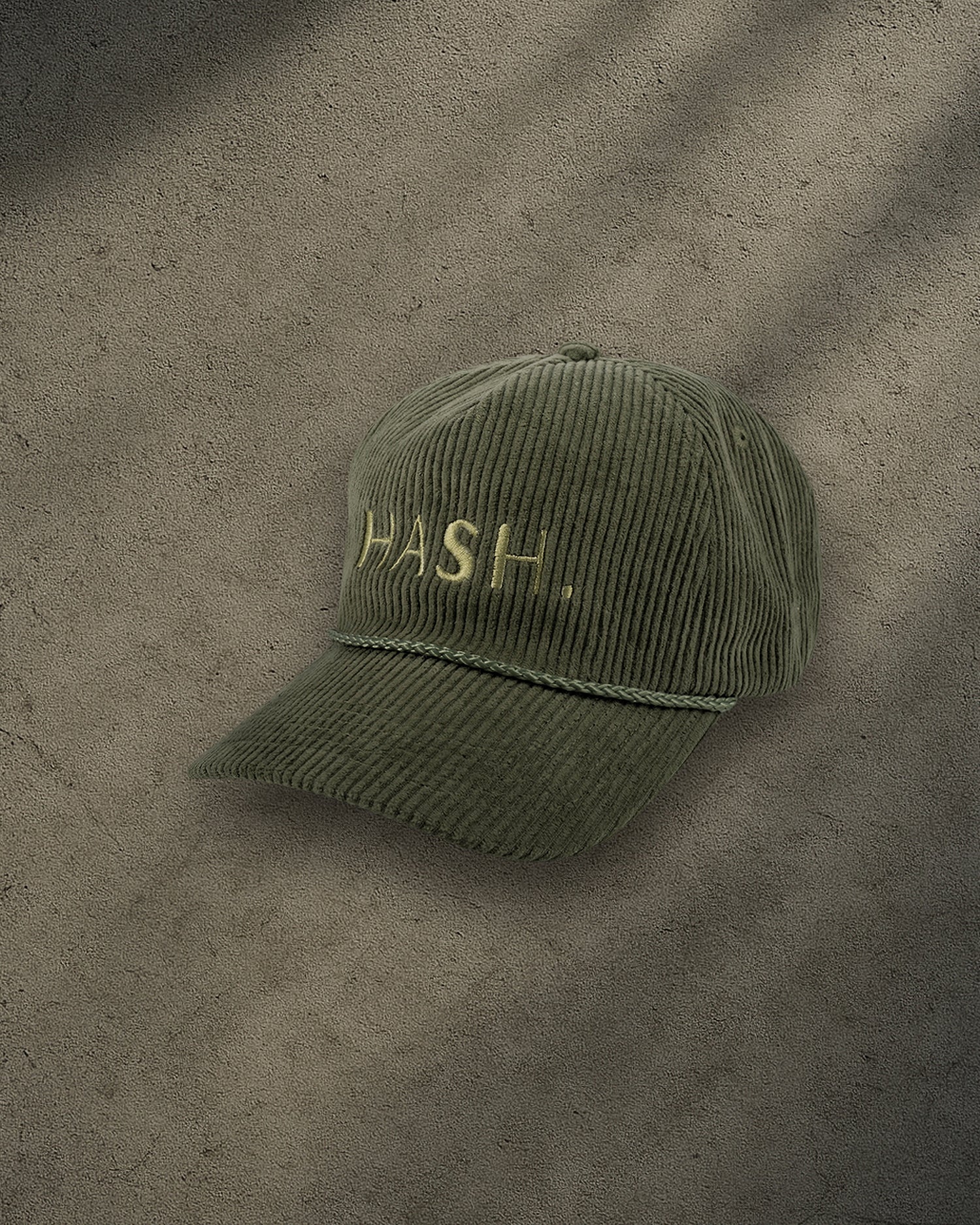 ONYX Olive Corduroy Snapback Hat with Gold “HASH.” Embroidery