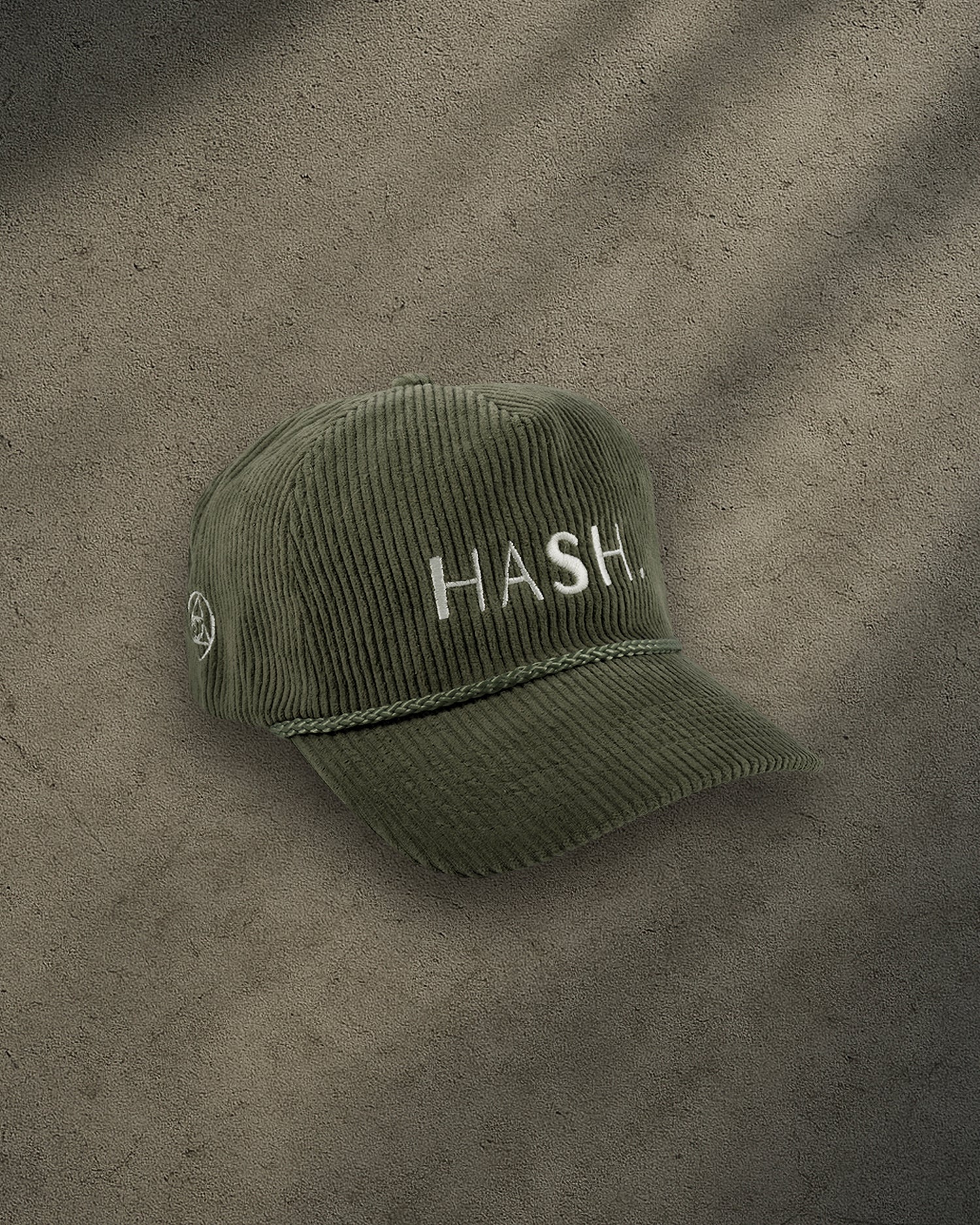 ONYX Olive Corduroy Snapback Hat with White “HASH.” Embroidery