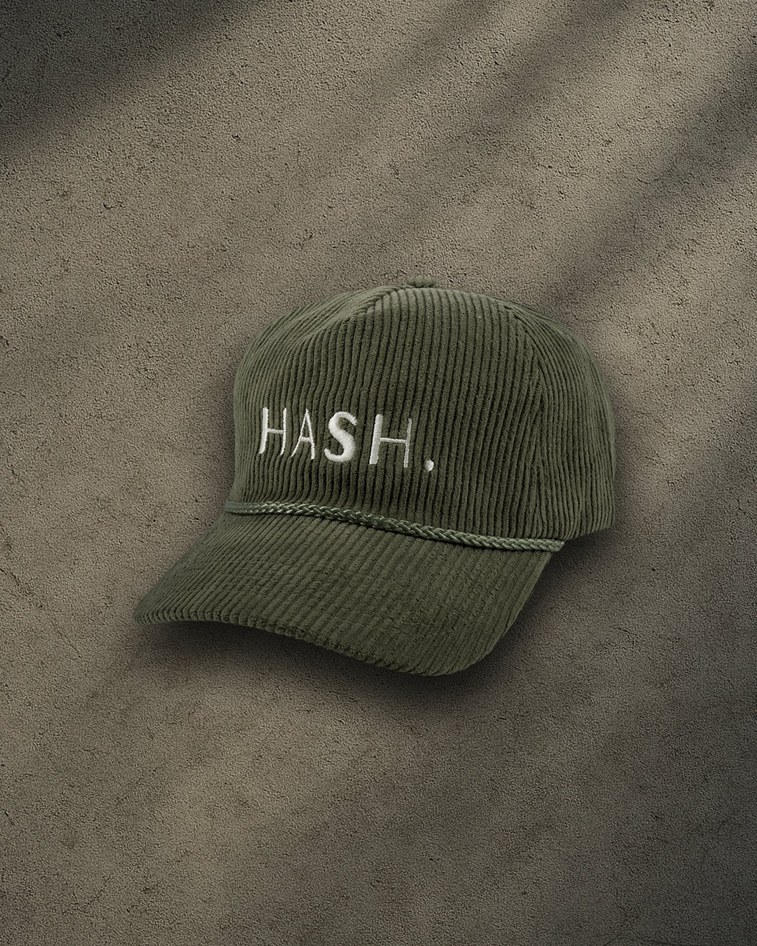ONYX Olive Corduroy Snapback Hat with White “HASH.” Embroidery