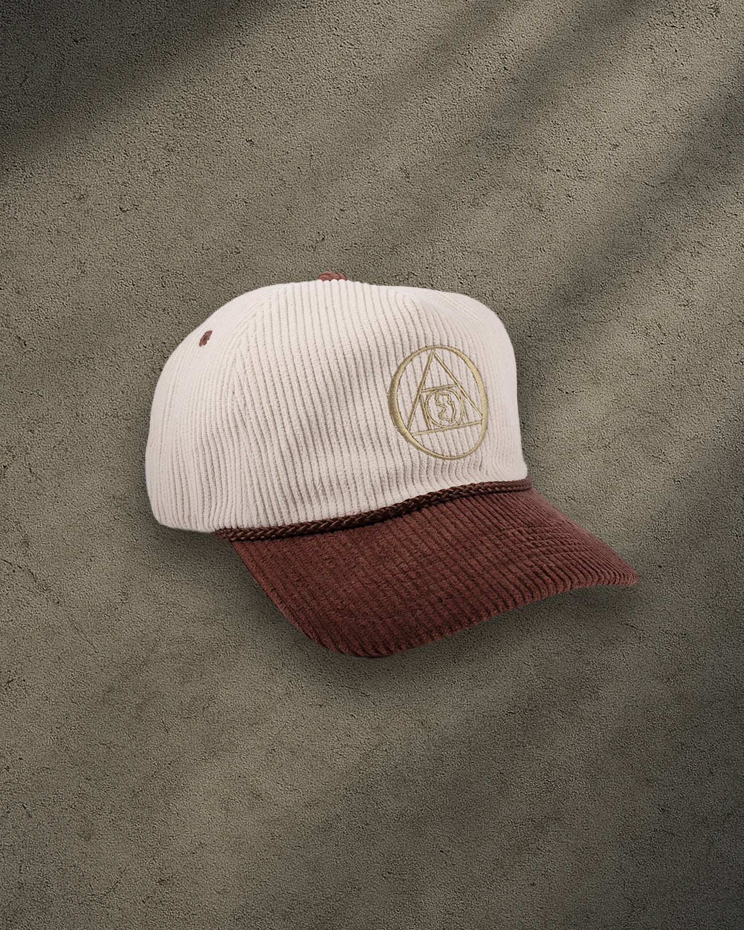ONYX Beige & Brown Corduroy Snapback Hat with Gold "O" Embroidery