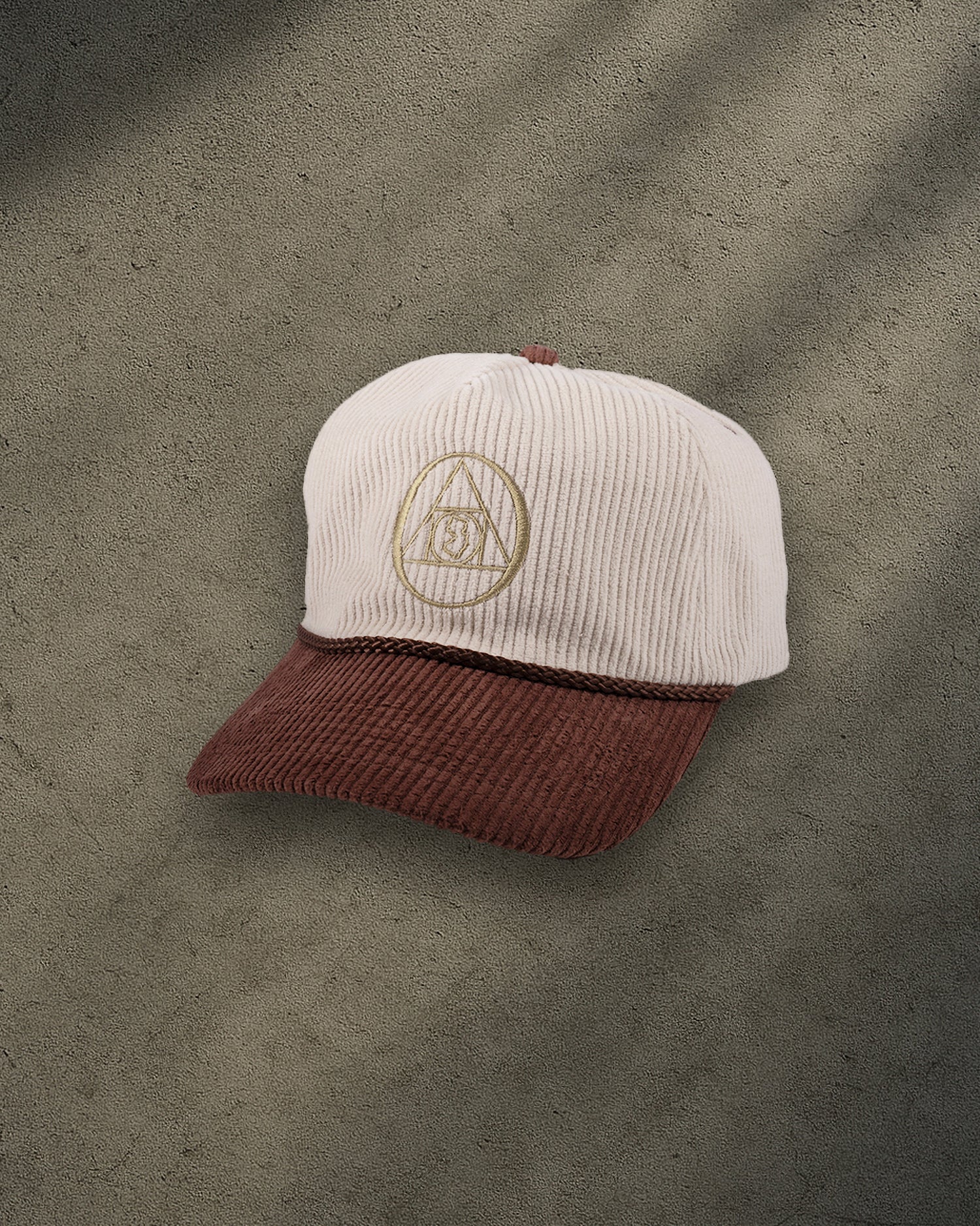 ONYX Beige & Brown Corduroy Snapback Hat with Gold "O" Embroidery