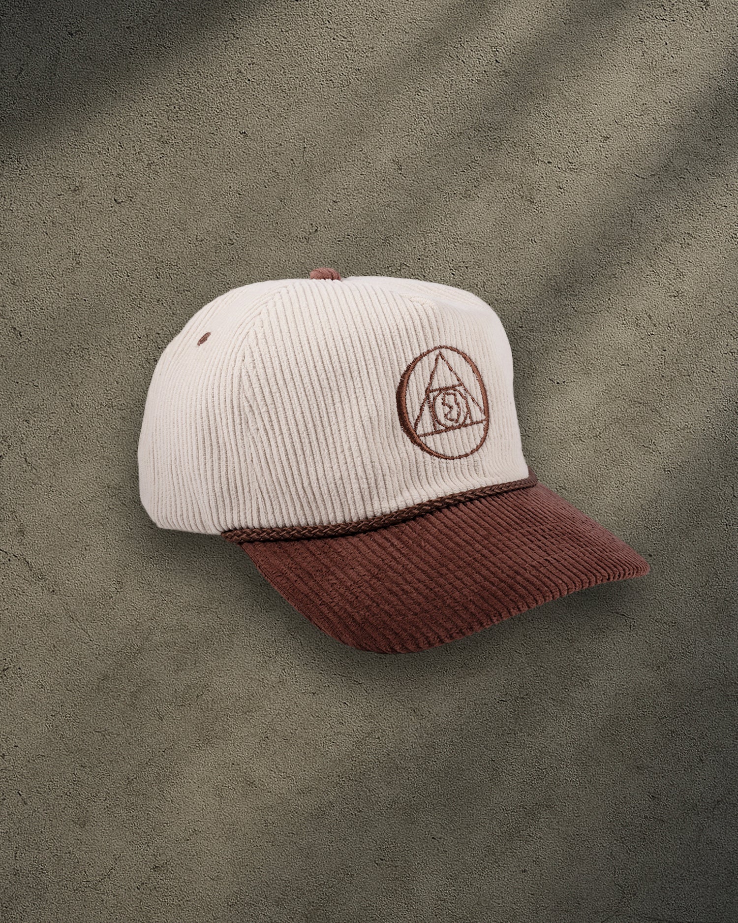 ONYX Beige & Brown Corduroy Snapback Hat with Brown "O" Embroidery