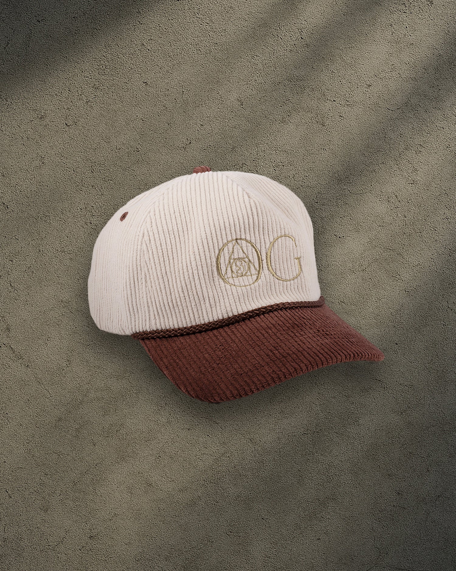 ONYX Beige & Brown Corduroy Snapback Hat with Gold "OG" Embroidery