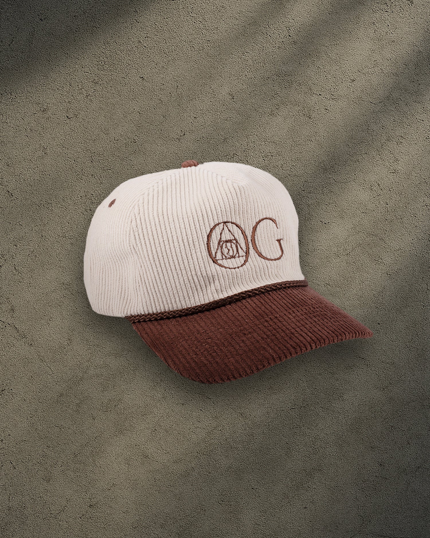 ONYX Beige & Brown Corduroy Snapback Hat with Brown "OG" Embroidery