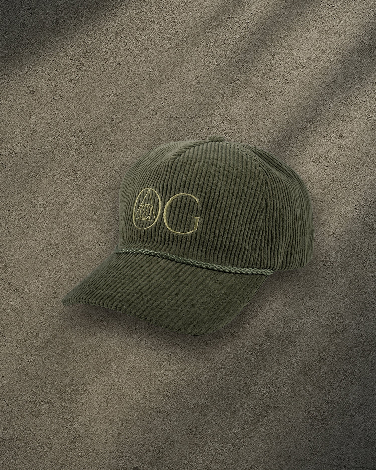ONYX Olive Corduroy Snapback Hat with Gold "OG" Embroidery