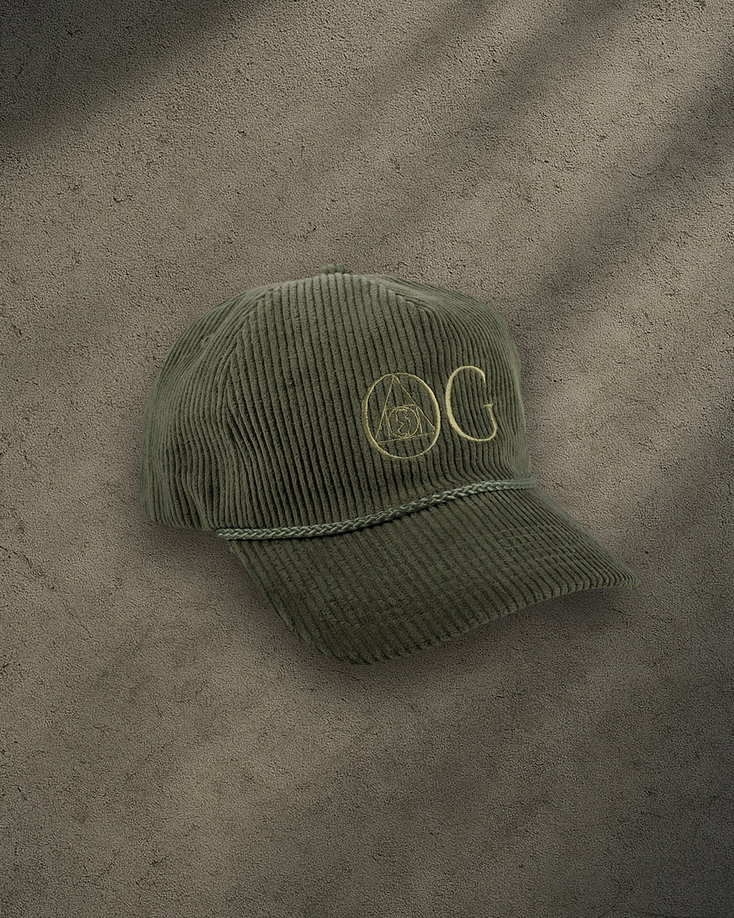 ONYX Olive Corduroy Snapback Hat with Gold "OG" Embroidery