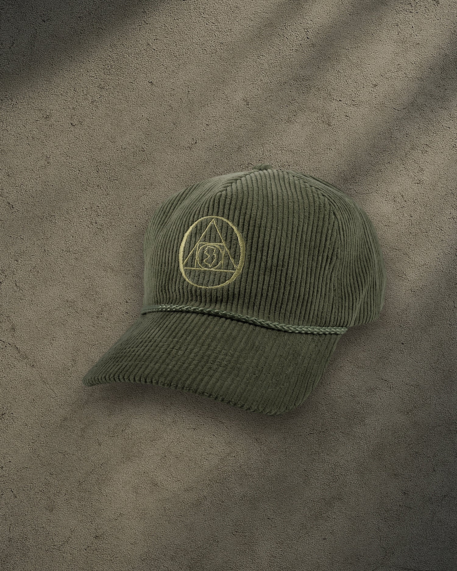 ONYX Olive Corduroy Snapback Hat with Gold "O" Embroidery