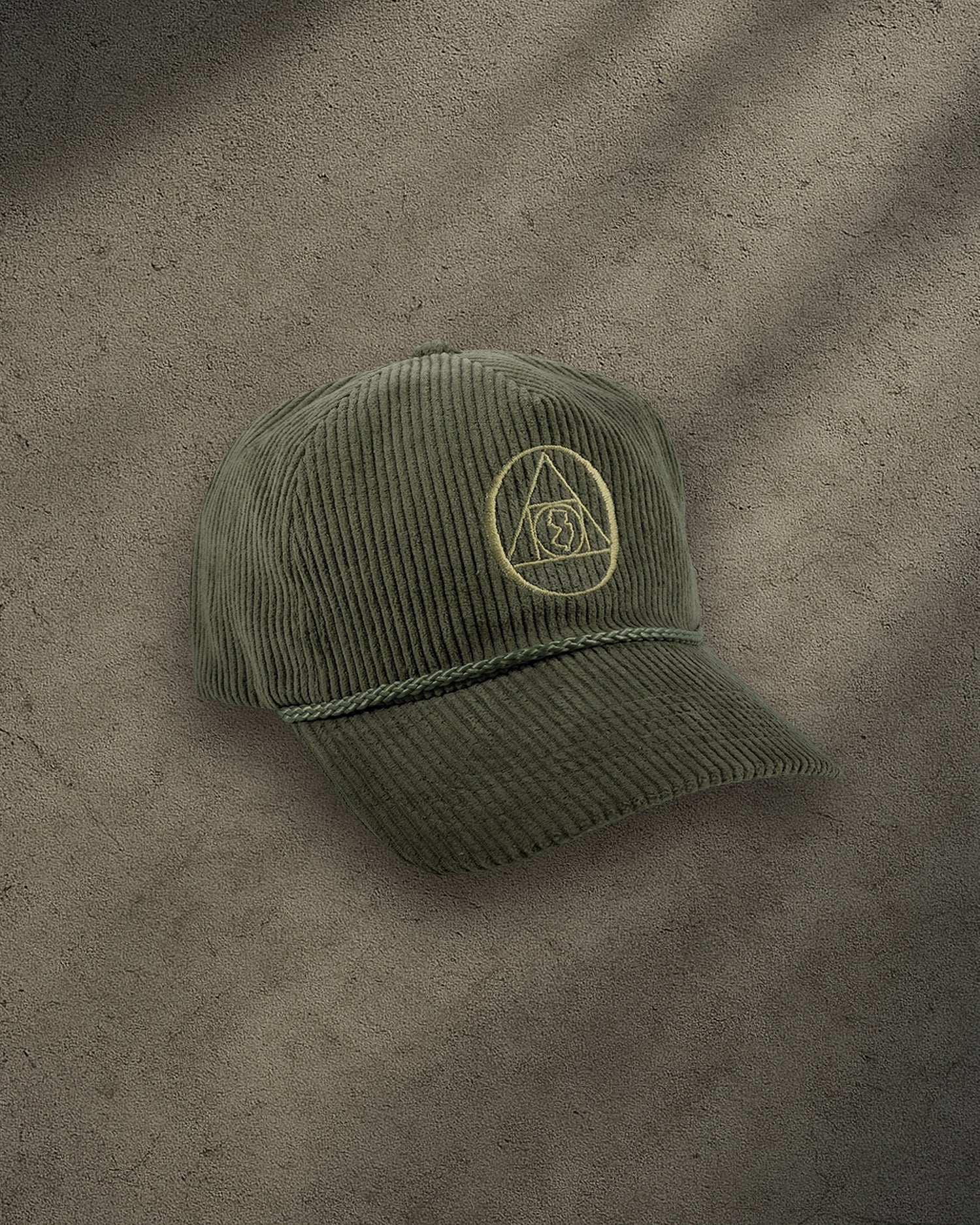 ONYX Olive Corduroy Snapback Hat with Gold "O" Embroidery