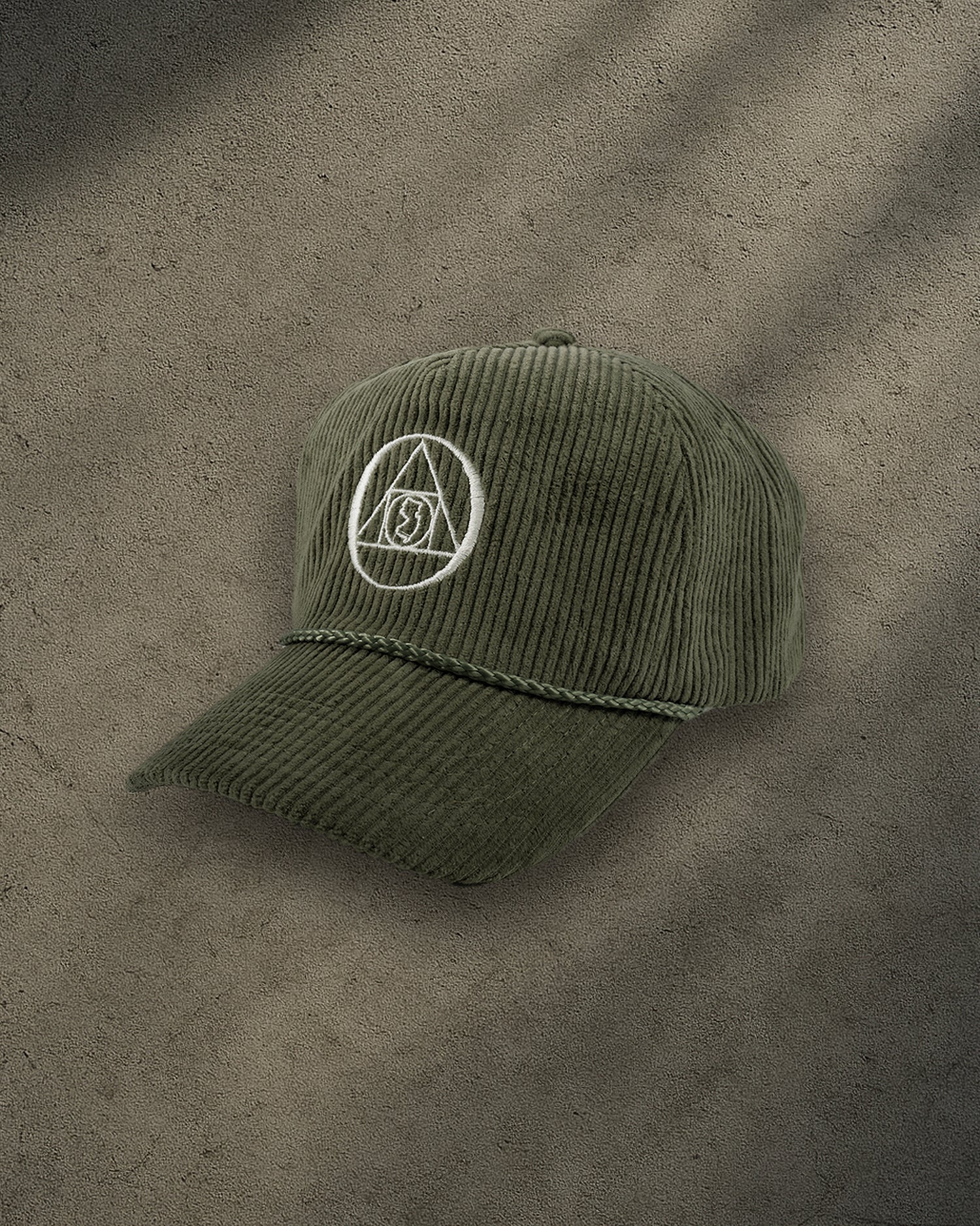 ONYX Olive Corduroy Snapback Hat with White "O" Embroidery