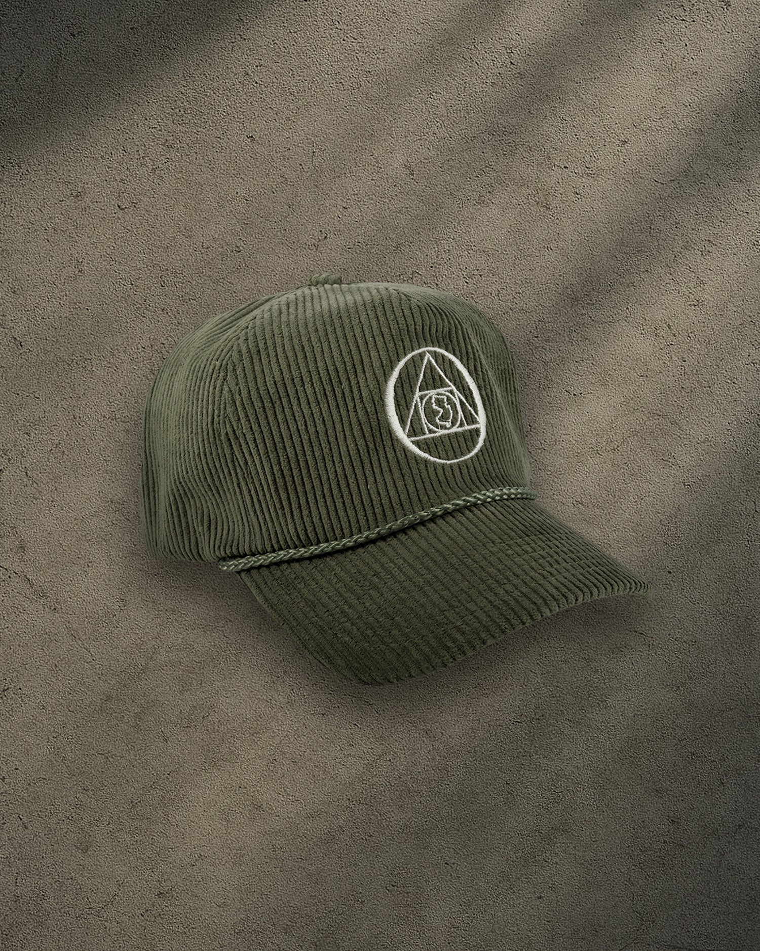ONYX Olive Corduroy Snapback Hat with White "O" Embroidery