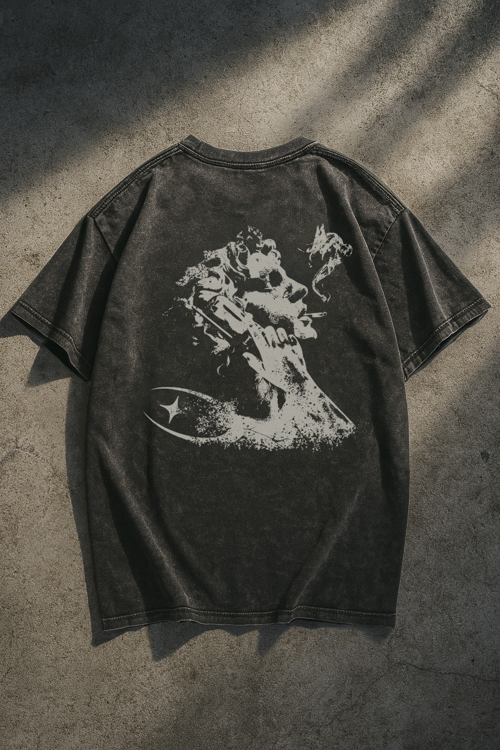 ONYX Dark Acid-Wash T-Shirt with Face and Phone on Back