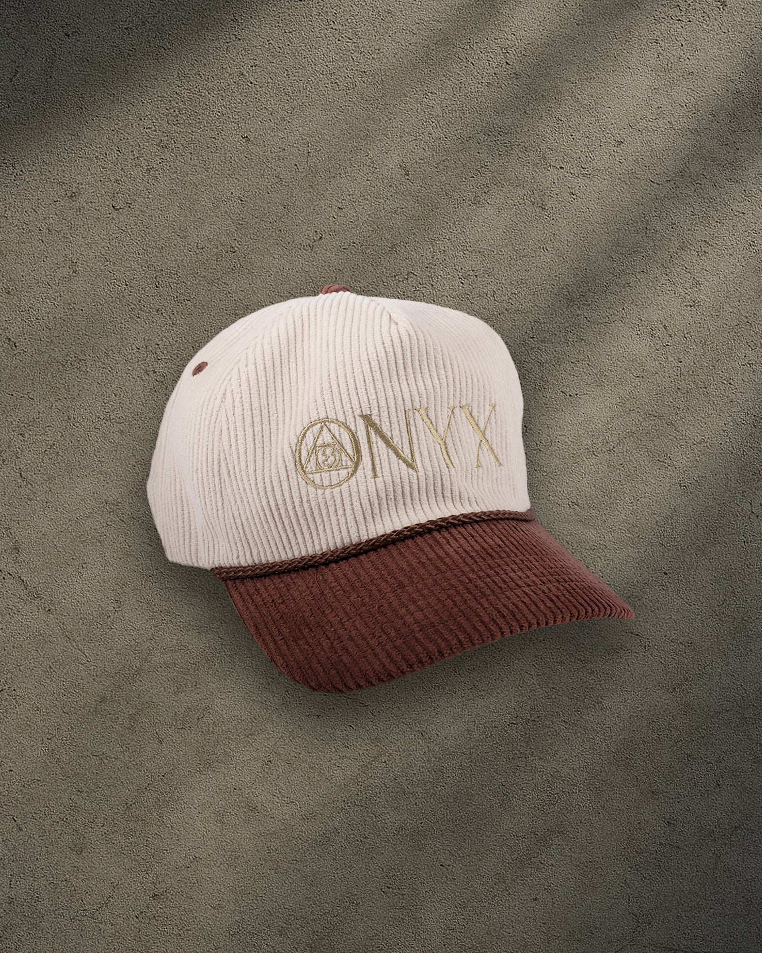 ONYX Beige and Brown Corduroy Snapback Hat with Gold "ONYX" Embroidery