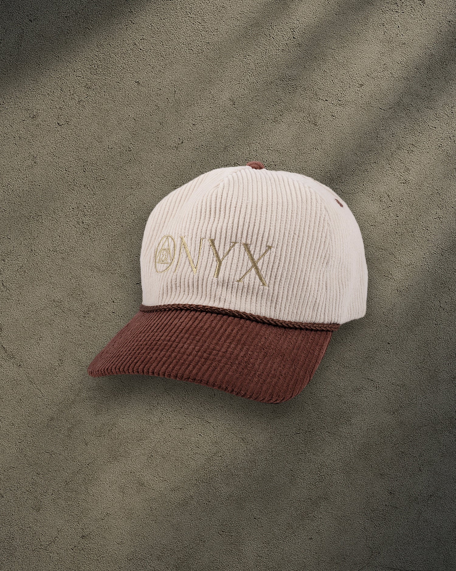 ONYX Beige and Brown Corduroy Snapback Hat with Gold "ONYX" Embroidery