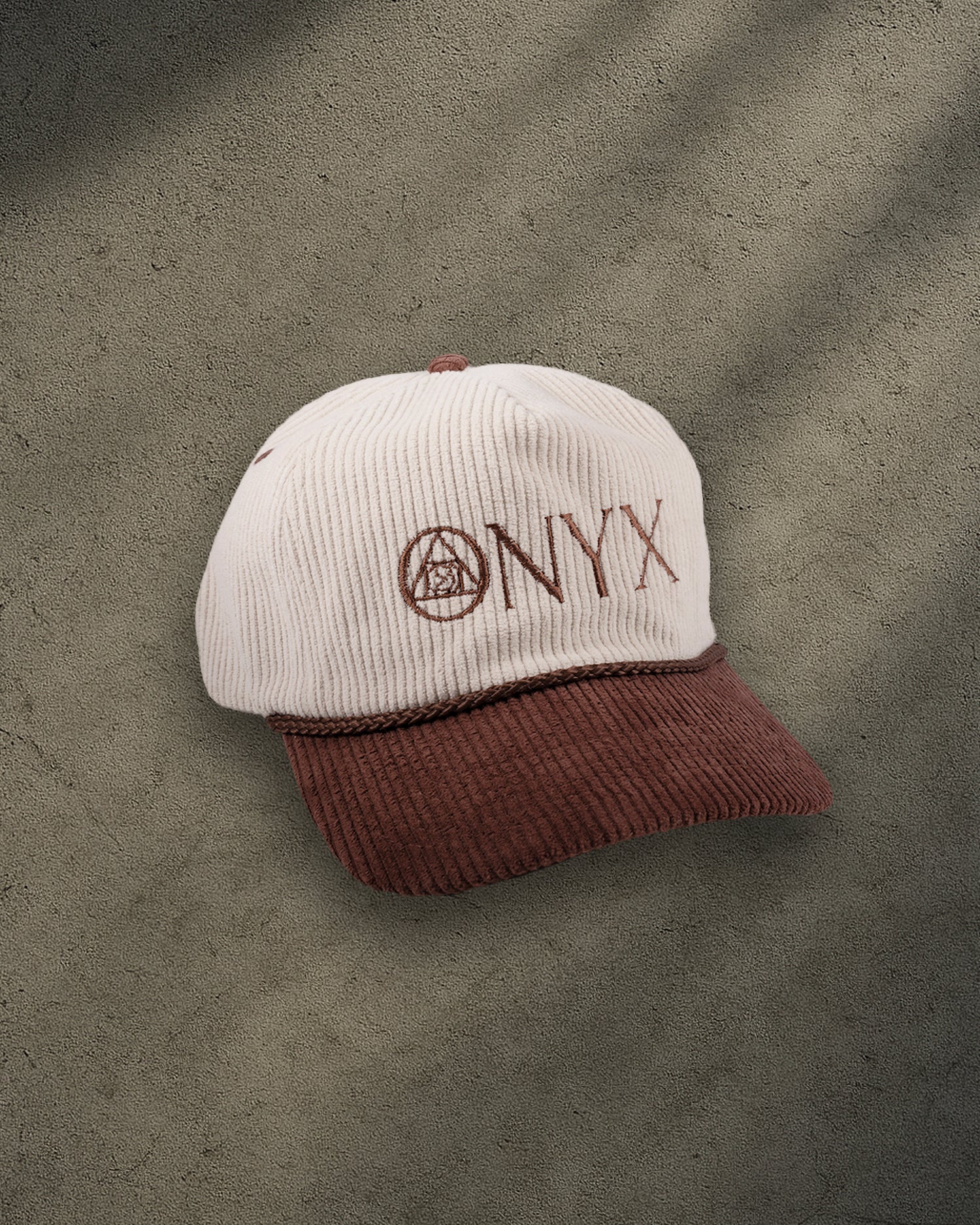 ONYX Beige and Brown Corduroy Snapback Hat with Brown "ONYX" Embroidery