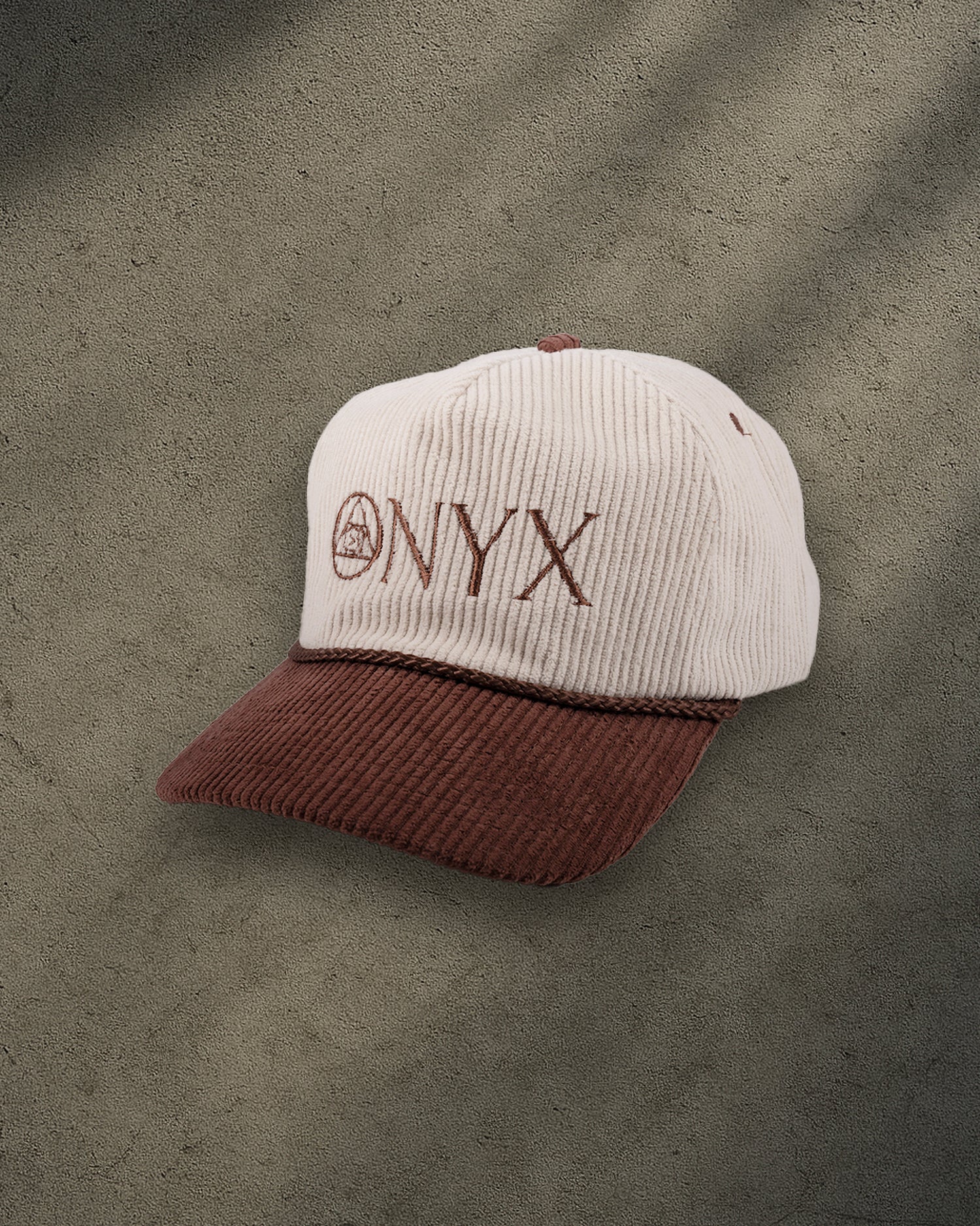 ONYX Beige and Brown Corduroy Snapback Hat with Brown "ONYX" Embroidery