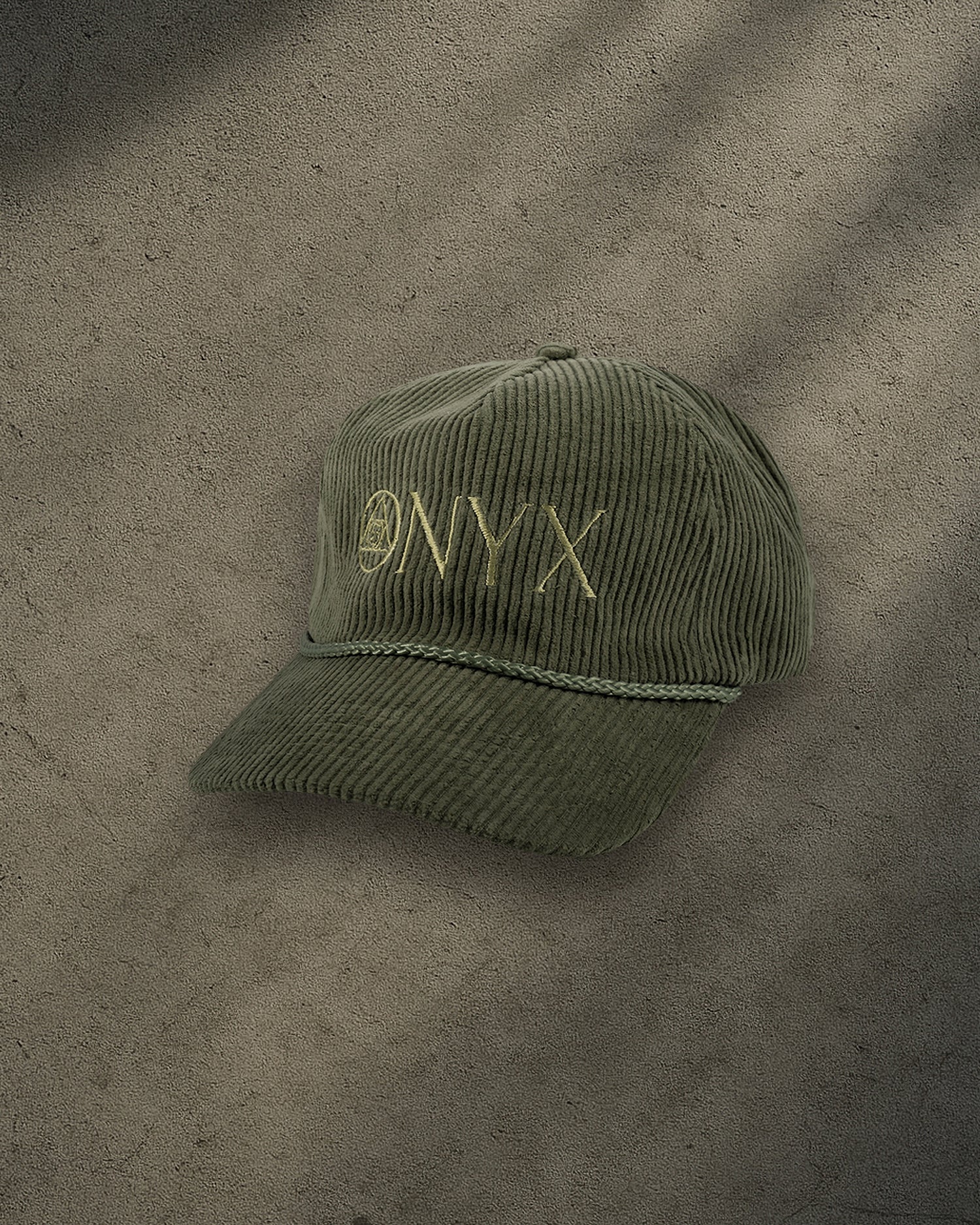ONYX Olive Corduroy Snapback Hat with Gold "ONYX" Embroidery