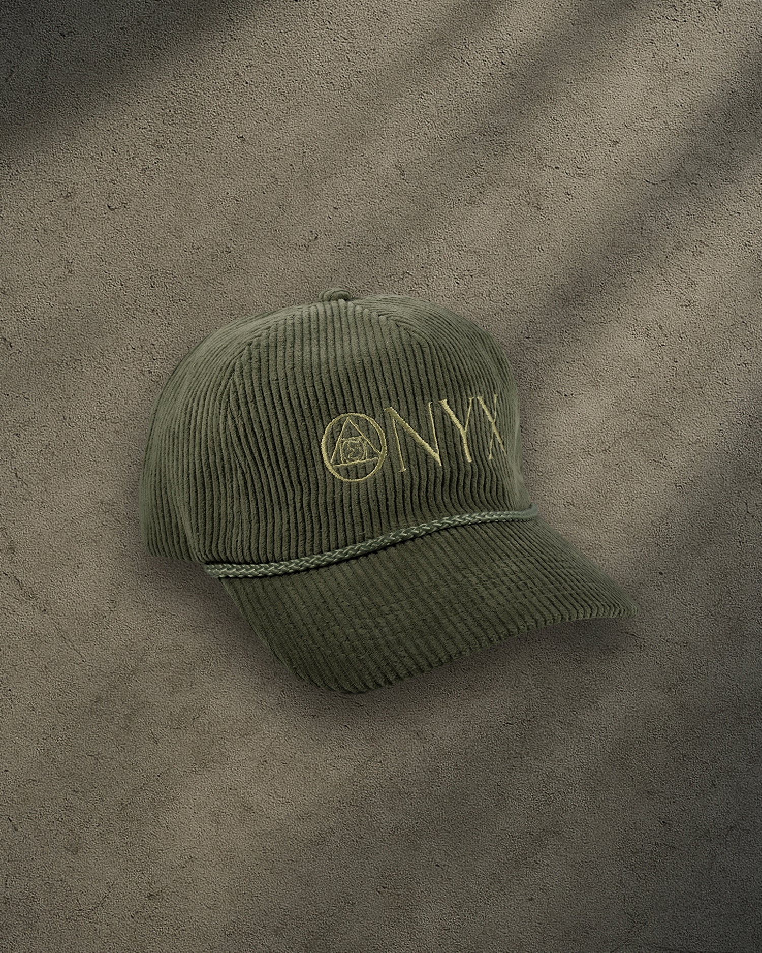 ONYX Olive Corduroy Snapback Hat with Gold "ONYX" Embroidery
