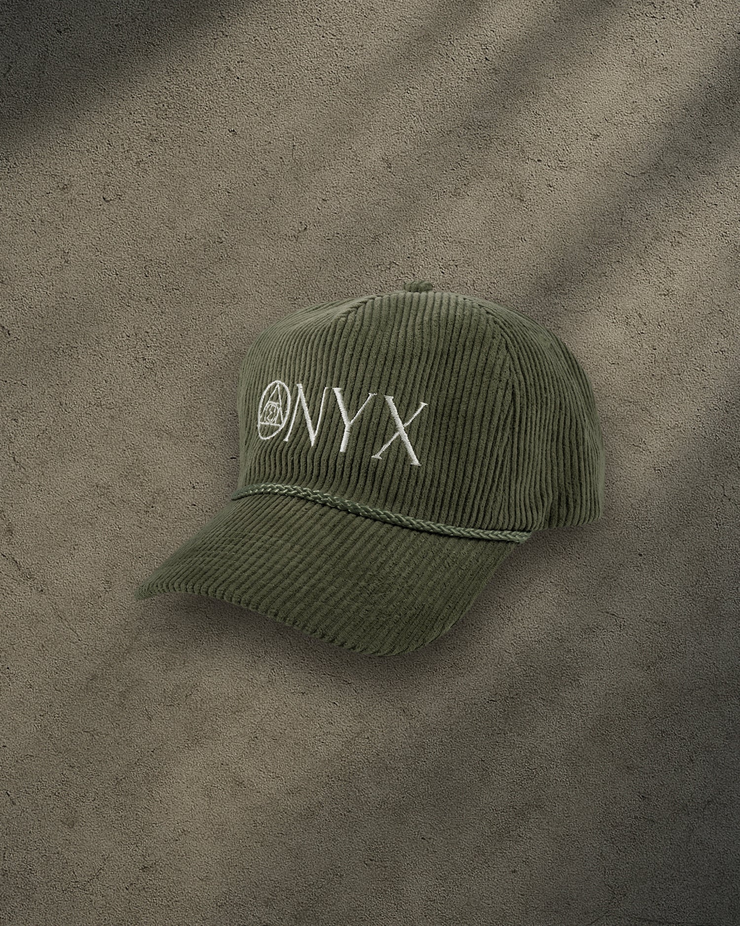 ONYX Olive Corduroy Snapback Hat with White "ONYX" Embroidery