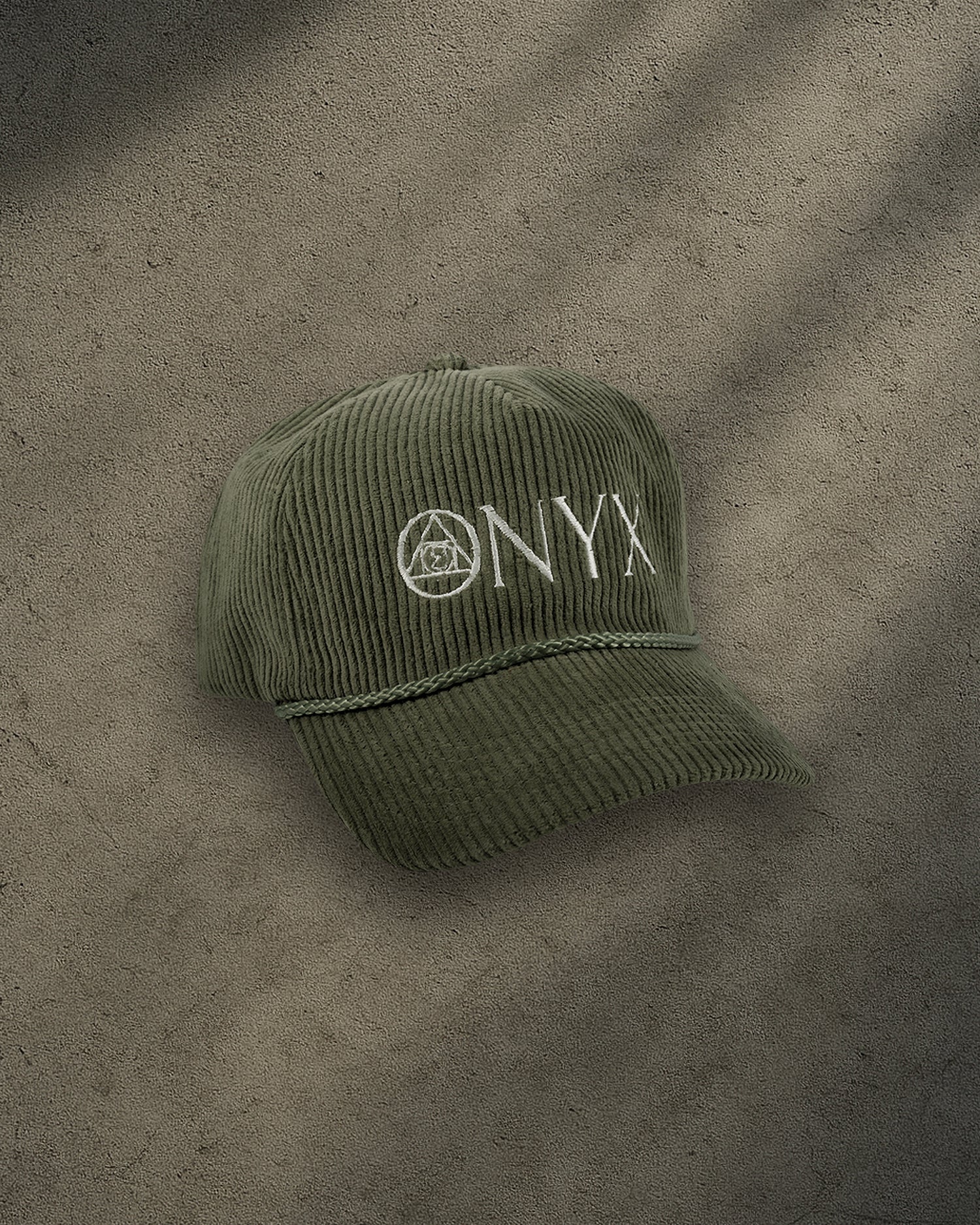 ONYX Olive Corduroy Snapback Hat with White "ONYX" Embroidery