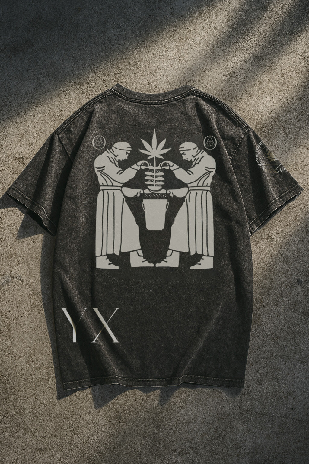 ONYX Dark Acid-Wash T-Shirt with Cream Hash Making on Back