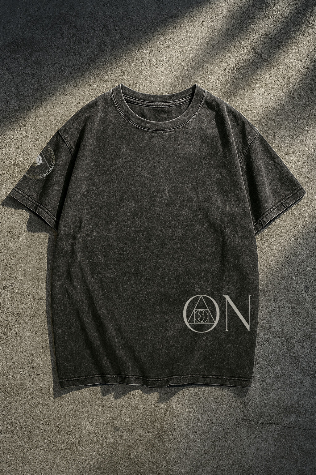 ONYX Dark Acid-Wash T-Shirt with Cream Hash Making on Back